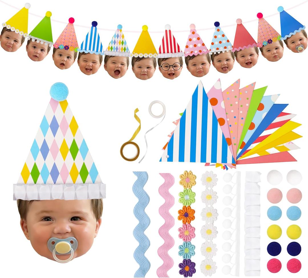 DIY 1st Birthday Baby Face Banner Craft Kit - Personalized Photo Garland for Girl or Boy - Includes 12 Triangles & Decorations (Need to Print Photos & Assemble)