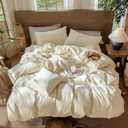 3 x MooMee Wavy Striped Duvet Cover Set 100% Washed Cotton Linen Like Textured Breathable Durable Soft Comfy (Cream White, King 104"x90")