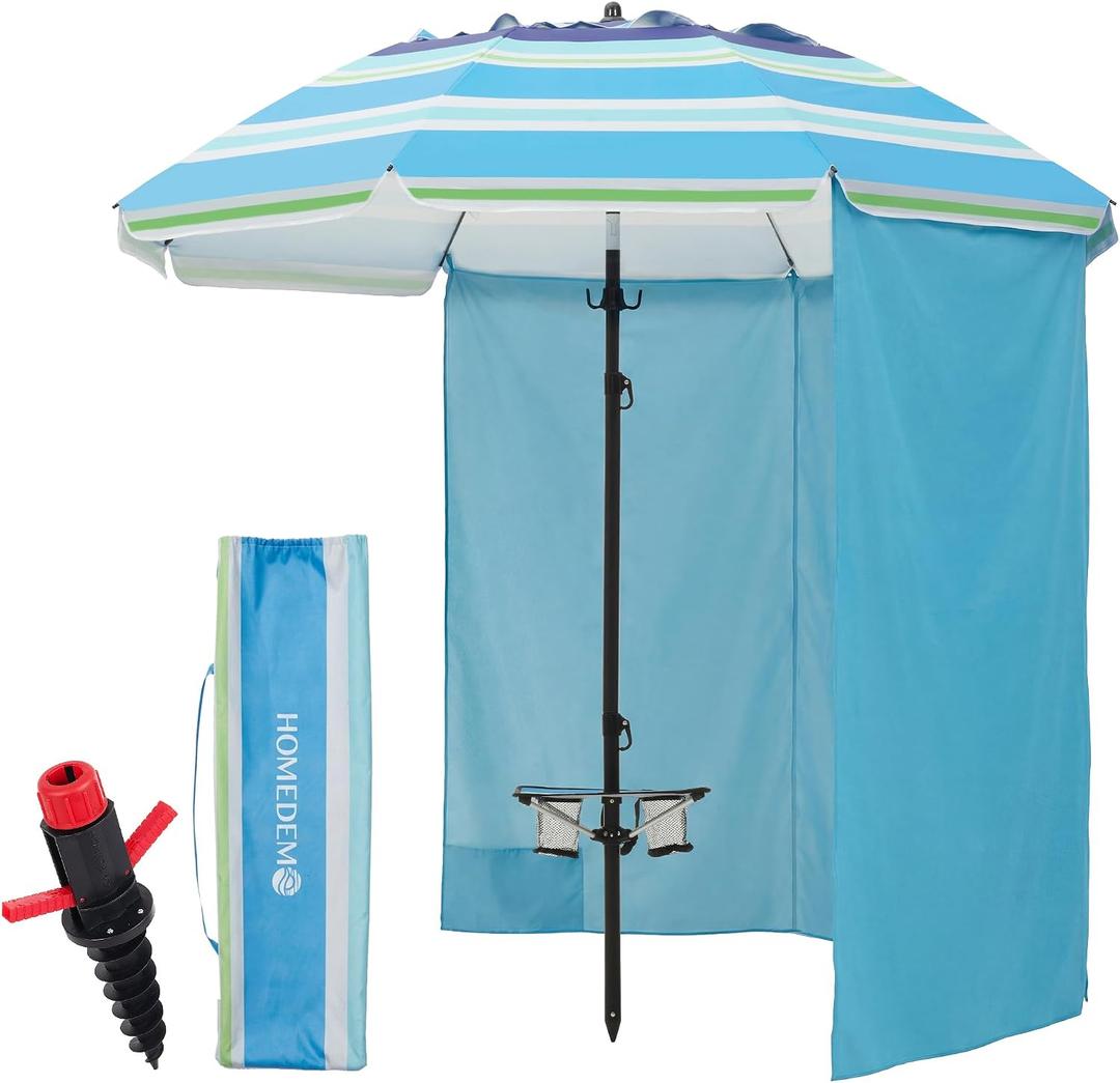 HOMEDEMO 7FT Beach Umbrella with Table & Anchor, Heavy Duty Windproof with UPF 50+ Sun Protection, Outdoor Umbrellas with Adjustable Aluminum Pole