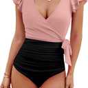Blooming Jelly Women's Tummy Control Swimsuits Slimming One Piece Bathing Suit Ruffle Wrap V Neck Swimwear (XX-Large, Pink and Black)
