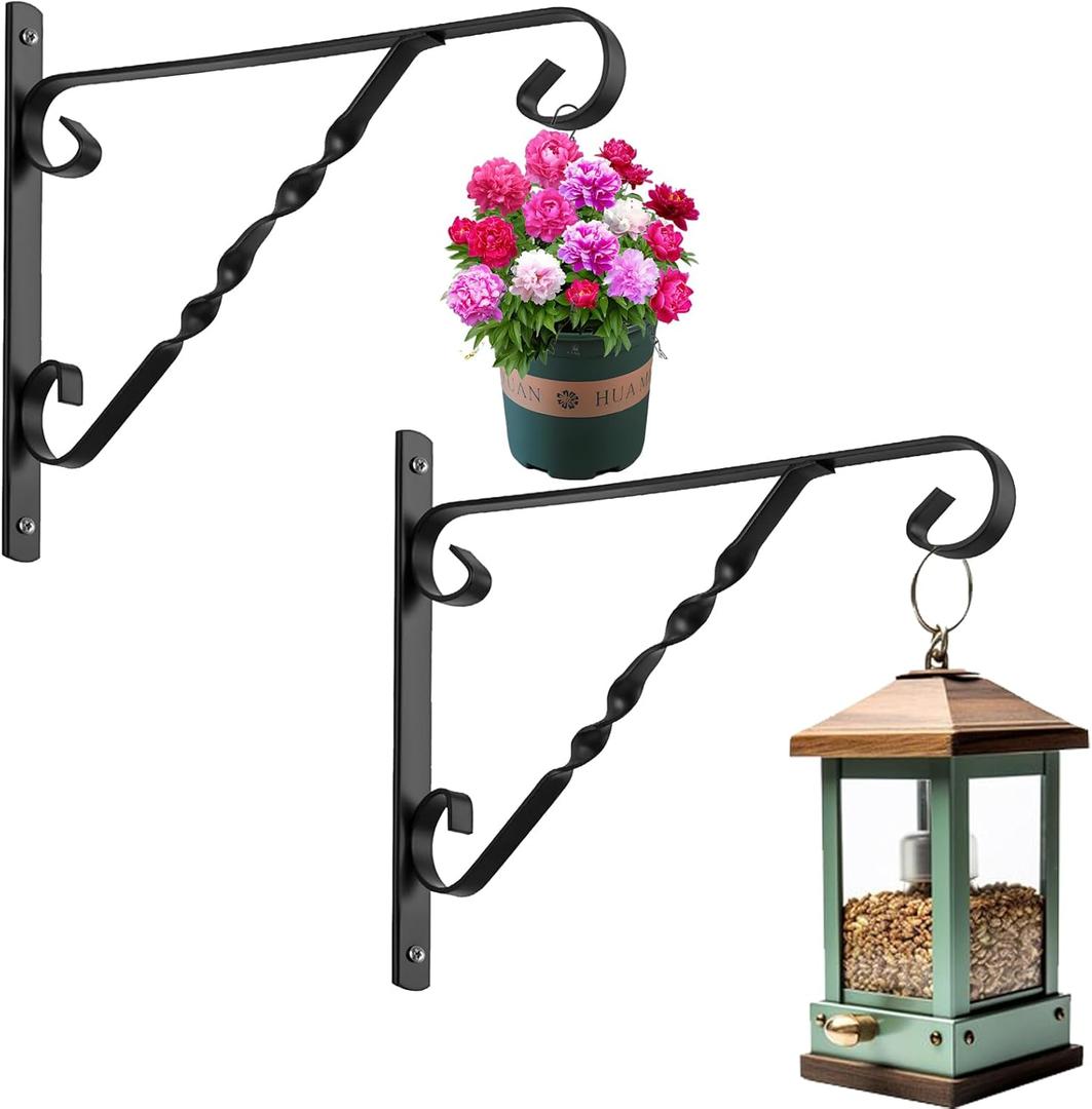 AMAGABELI GARDEN & HOME 2 Pack Hanging Plant Brackets Outdoor 12" Metal Fence Wall Plant Hanger Hooks for Hanging Flower Baskets Bird Feeders Lanterns Wind Chimes Rust-Resistant Black