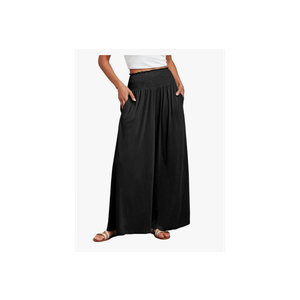 ANRABESS Women Palazzo Pants Summer Boho Baggy Wide Leg High Smocked Waist Casual Loose Lounge Pant with Pocket L (Black)