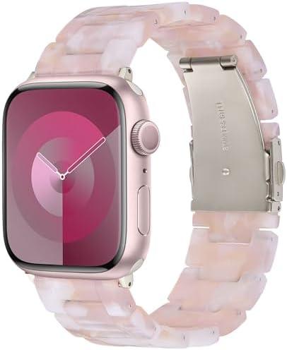 V-MORO Resin Bands Compatible with Apple Watch Series 10/9/8/7 41mm/42mm Fashion Lightweight Cute Strap with Starlight Buckle for iwatch Series SE/6/5/4/3/2/1(Floral Pink,38mm/40mm/41mm/42mm)