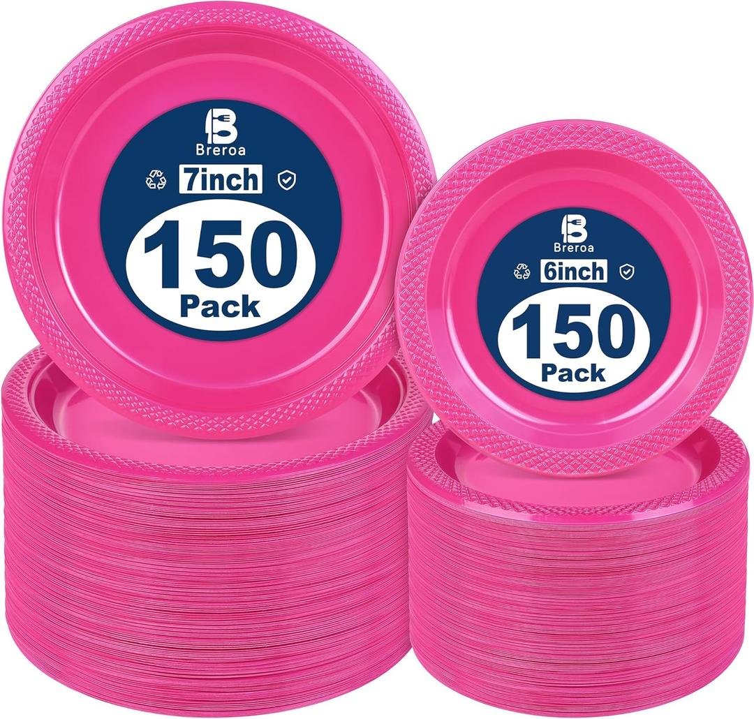 Pack of 300 Hot Pink Disposable Plastic Plates 7 Inch & 6 Inch Round Dessert Plates Set Food Grade BPA Free Dinner Plates Heavy Duty Wedding Cake Bulk for Party Event Wedding Birthdays Supplies