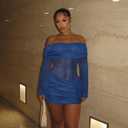 Womens Sexy Off Shoulder Bodycon Mini Dress Mesh Ruched Y2K Club Dresses | Flared Long Sleeve, Sexy Party Night Going Out Birthday Dresses, Sparkly, Stretchy (Blue)