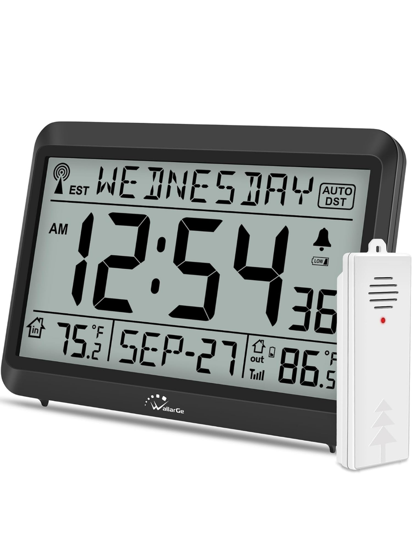 WallarGe Atomic Clock with Indoor Outdoor Temperature, Self-Setting Digital Wall Clock Battery Operated, 4 Time Zones, DST 8in.