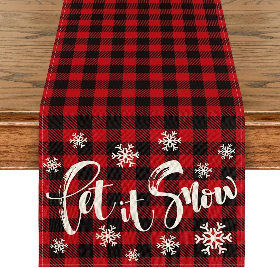 Artoid Mode Red and Black Buffalo Plaid Let It Snow Table Runner, Seasonal Winter Christmas Holiday Kitchen Dining Table Decoration for Indoor Outdoor Home Party Decor 13 x 108 Inch