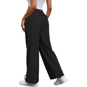 ZFLM Women's Elastic Waist Sports Pants Loose Casual Travel Pants Wide Legs High Waist Fitness Pants with Pocket (Black), Size S