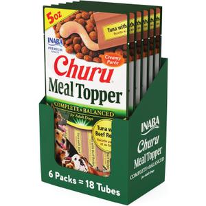 INABA Churu Meal Topper for Dogs, Complete & Balanced, Creamy, Lickable Pure Dog Food Toppers, 1.69 Ounce Tube, 18 Tubes (3 per Pack), Tuna with Beef Recipe