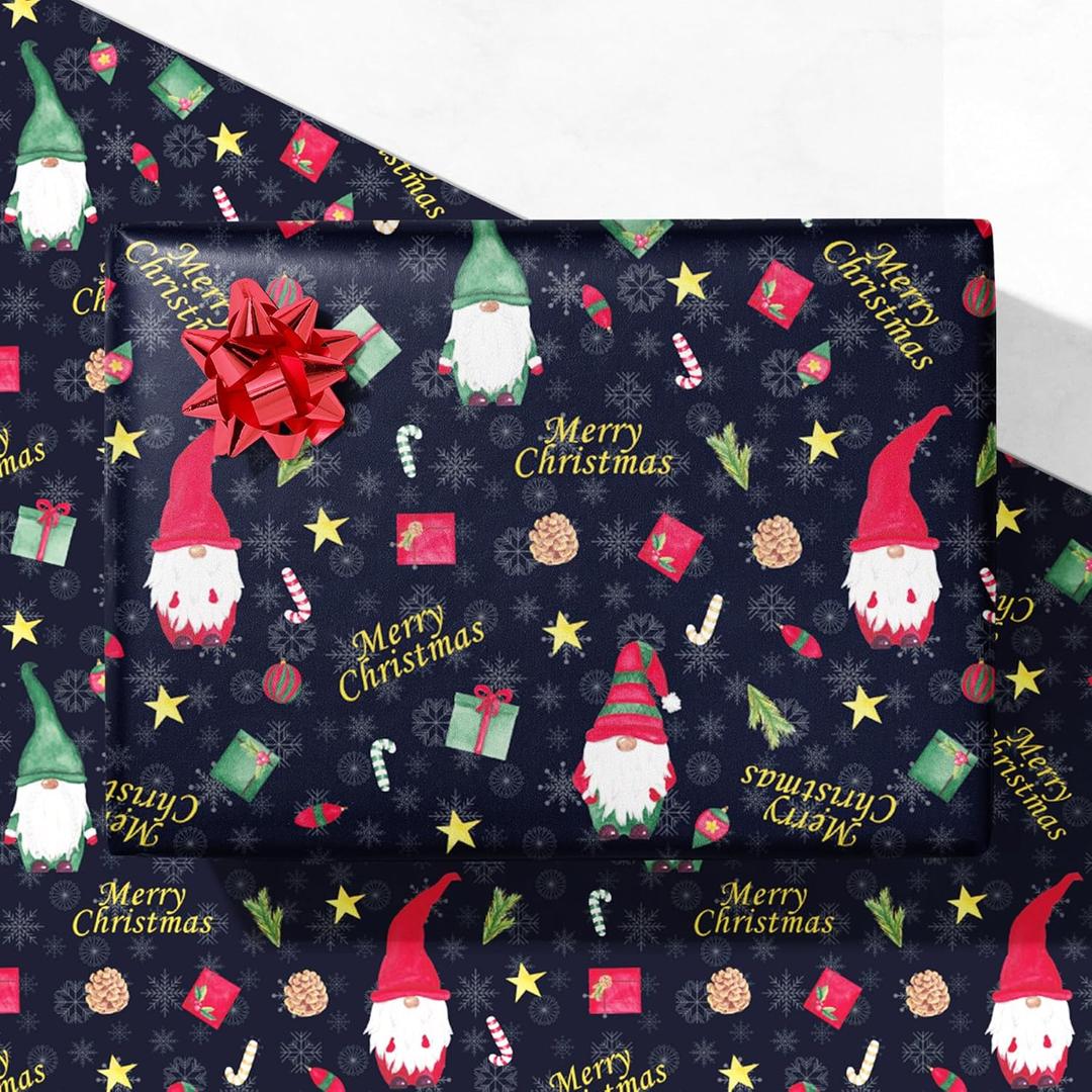 3 x GIOLNIAY Gnome Christmas Wrapping Paper for Men Women Kids - Navy Blue Xmas Gift Wrap with Gnome & Merry Christmas Text - 4 Jumbo Sheets, 2840 Each, Easy to Store