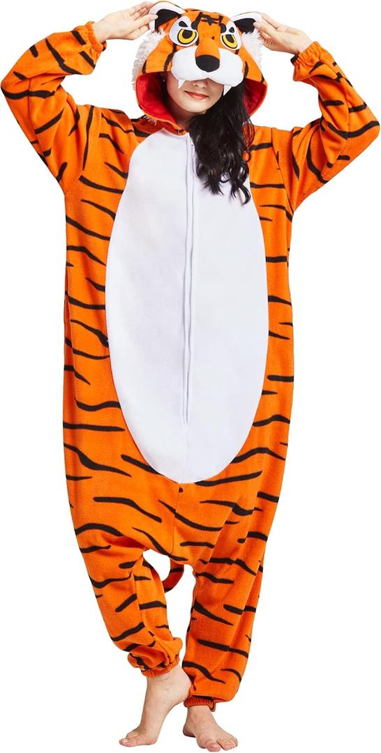 DarkCom Onesie Christmas Pajamas Adult Animal Halloween Costume Cosplay Tiger One Piece Unisex Homewear Polar Fleece Sleepwear X-Large