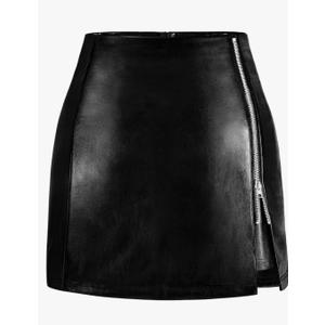 FLUFFY SENSE. Women's Leather Mini Skirt Stretchy High Waisted Zipper Slit Faux Pleather Bodycon Short Pencil Skirt Large
