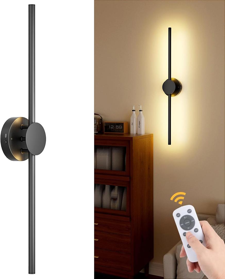 Battery Operated Wall Sconces with Remote Control, Dimmable Black Wall Sconces with Rotatable Lamppost, 3000K-6500K LED Modern Wireless Wall Sconce for Living Room, Bedroom, 28.15 Inch, 1 Pack
