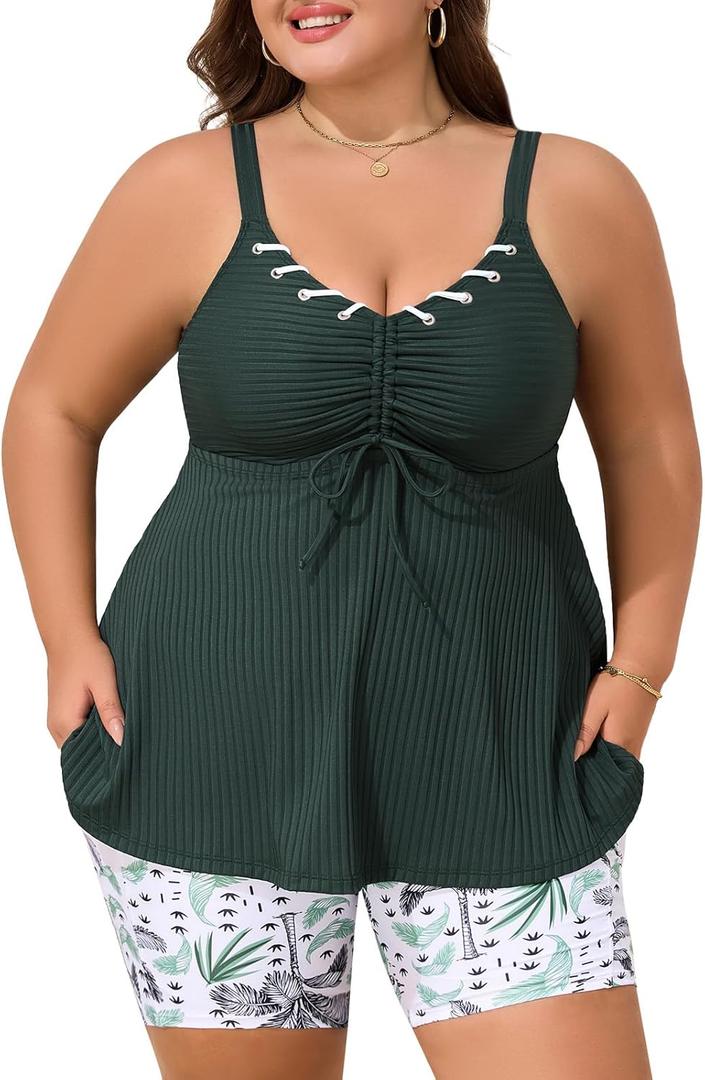 Summer Mae Plus Size Swimsuit for Women Tankini Two Piece Bathing Suit with Capris Pockets Short High Waist Swimwear Coconut Tree 22 Plus