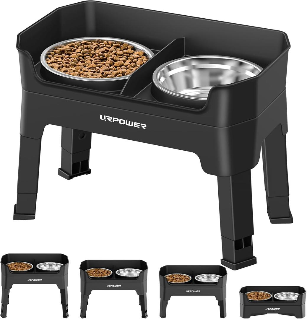 URPOWER 3-in-1 Elevated Dog Bowls - Mess Proof Double Deck 4 Height Adjustable Raised Stand with 2 Stainless Steel Food Bowls & Licking Plate for Small, Medium & Large Dogs (Black)