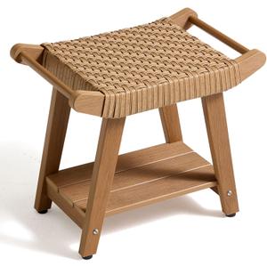Waterproof Shower Stool for Inside Shower, HDPS Bathroom Bench Seat with Hand Woven Rattan Construction, Soft Comfortable Poly Bath Chair Seat for Spa/Shaving Legs, Weather Resistant/Non-Slip/Handles