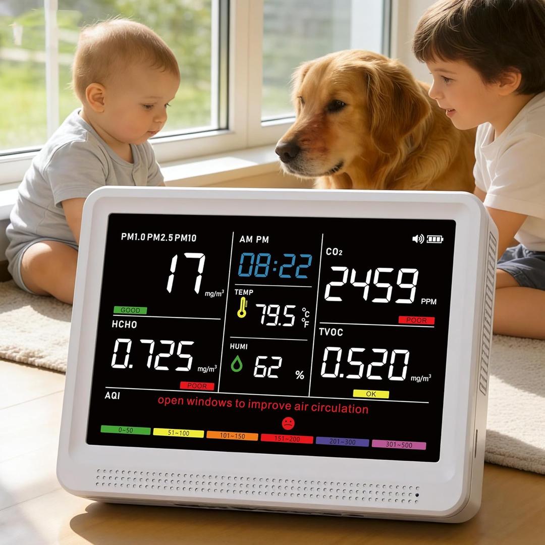 Professional 16 in 1 Air Quality Monitor Indoor 10h Battery & 5.5" Display 9 AQI+7 AQI Alerts, Portable CO2 Monitor Air Quality Tester for CO2, TVOC, PM2.5 PM1.0 PM10, HCHO Temp/ Humidity AQI & Time