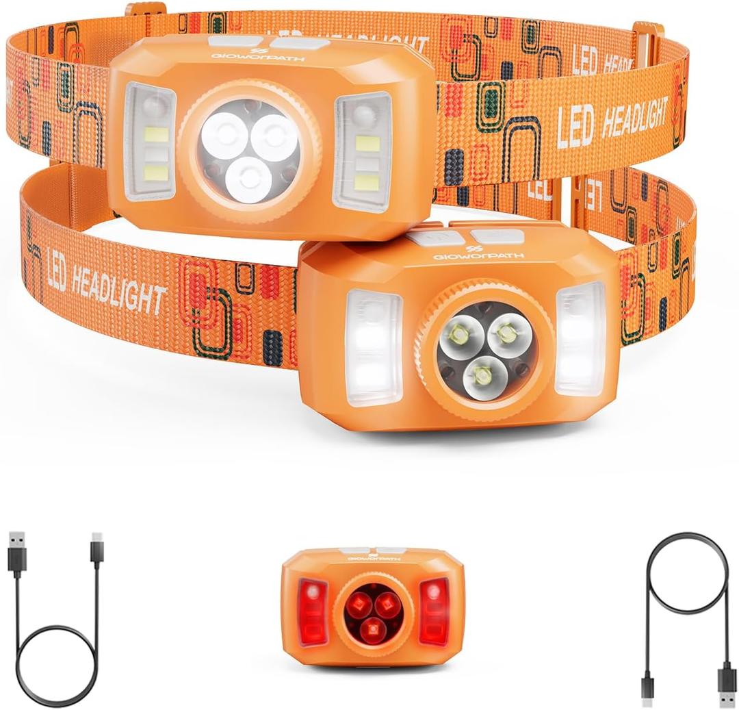 Upgraded Headlamp Rechargeable, Ultra Bright Headlight Flashlight with White Red Light, Motion Sensor Head Lights for Forehead, 6 Modes Head Lamp for Outdoor Camping Running Waterproof (2, Orange)