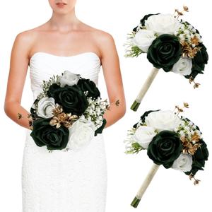 Wedding Bridesmaid Bouquets Set of 2, Artificial Silk Flowers Arrangement for Ceremony Marriage Proposal Party Anniversary Decorations - Emerald Green & Gold & White