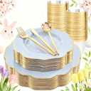 bUCLA 180PCS Blue Plastic Plates - Disposable Light Blue with Gold Rim - Include 30 Each (Dinner & Salad) Plates, 30 Knives, 30 Forks, 30 Spoons, 30 Cups for Party, Easter, Birthday & Shower