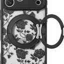 Magnetic Stand Case for iPhone 17 Pro Max [360 Rotatable Kickstand] [Compatible with MagSafe] Black Rose Design with Ring Holder Case for Women Girls, Translucent Matte Slim Phone Cover