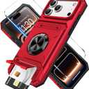 For iPhone 17 Pro Max Wallet Case with Card Holder + 1 Screen Protector, (2 Cards) & 360Ring Kickstand Military Grade Drop Shockproof Rugged Case for iPhone 17 Pro Max 6.9"(Red)