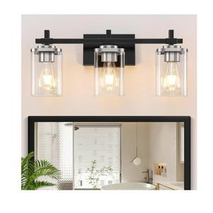 3-Lights Black and Brushed Nickel Bathroom Light Fixtures, Modern Black and Nickel Vanity Light with Clear Glass Shade, Wall Mount Lights Over Mirror for Bedroom Hallway Living Room