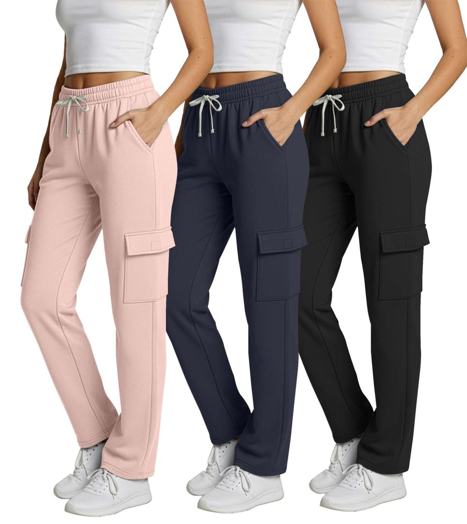 Real Essentials 3 Pack: Women's Fleece Cargo Sweatpants, Open Bottom Lounge & Athletic Casual Pants with Pockets - Set 5,L (L)