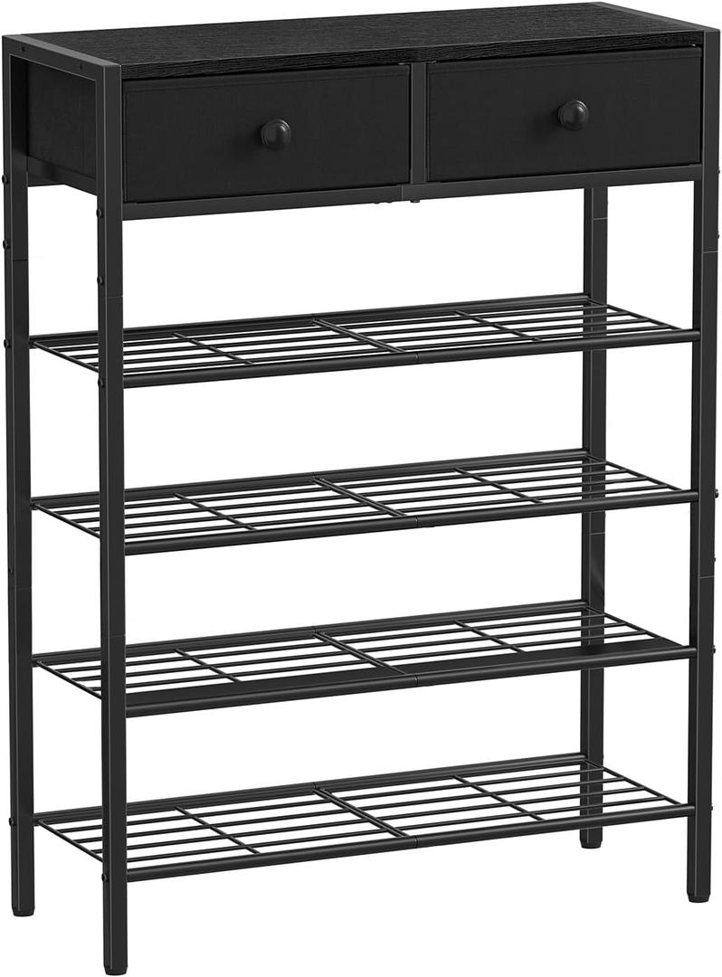 Shoe Rack for Entryway, 5 Tier Shoe Organizer with 2 Non-Woven Drawers, Metal Storage Shoe Shelf for 16-20 Pairs of Shoes, with Wooden Top and Steel Frame, Shoe Stand for Closet Charcoal (Charcoal)