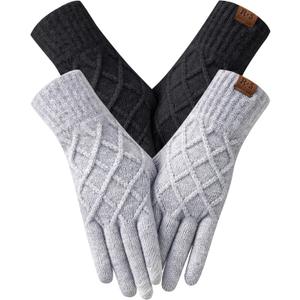 REACH STAR 2 Pairs Winter gloves for women Touch screen Elastic Thermal knit Lining Warm Gloves for Cold weather (Black+Light Gray)