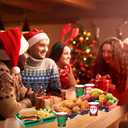 Acellegic 100 Pcs Christmas Disposable 9 oz Paper Cups and Large 10 x 7 '' Christmas Paper Food Trays Serving Plates Xmas Disposable Dinnerware Party Supplies Kit for Winter Holiday Xmas Party