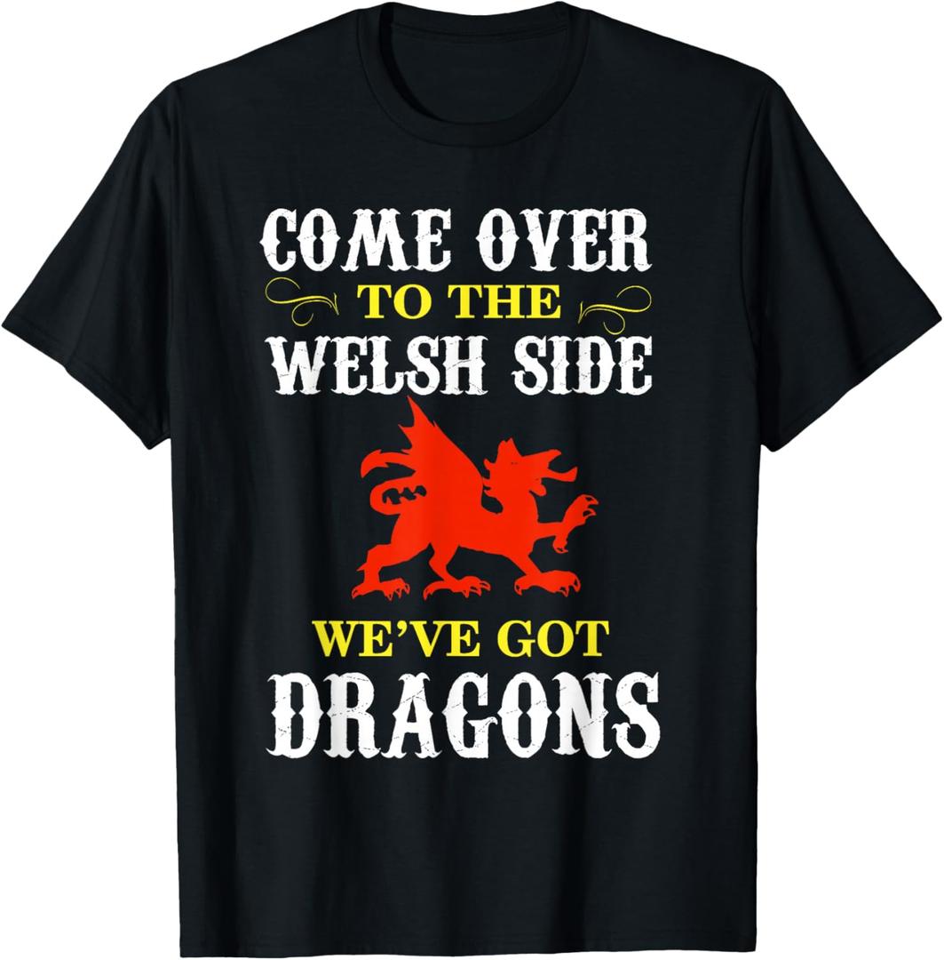 2 Pcs Come Over to The Welsh Side Wales Dragon T-Shirt, S, Black & Red