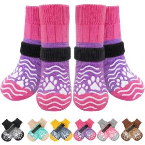 PUPTECK Anti Slip Dog Socks, Shoes with Grippers to Prevent Licking Hardwood Floors Traction, Rubber Boots & Paw Protectors for Small Dogs Cold/Hot Pavement, Senior Dogs Booties Purple, Small