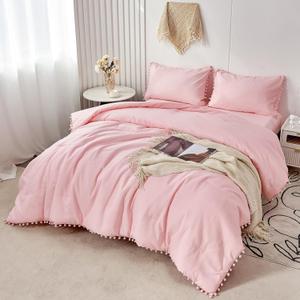 PERFEMET 5 Pcs Pink Pom Pom Comforter Twin Size Aesthetic Boho Pom Fringe Bedding Set with Sheet Ultra Soft Lightweight Farmhouse Bedding Quilt Set for Girls Kids(Pink, Twin)