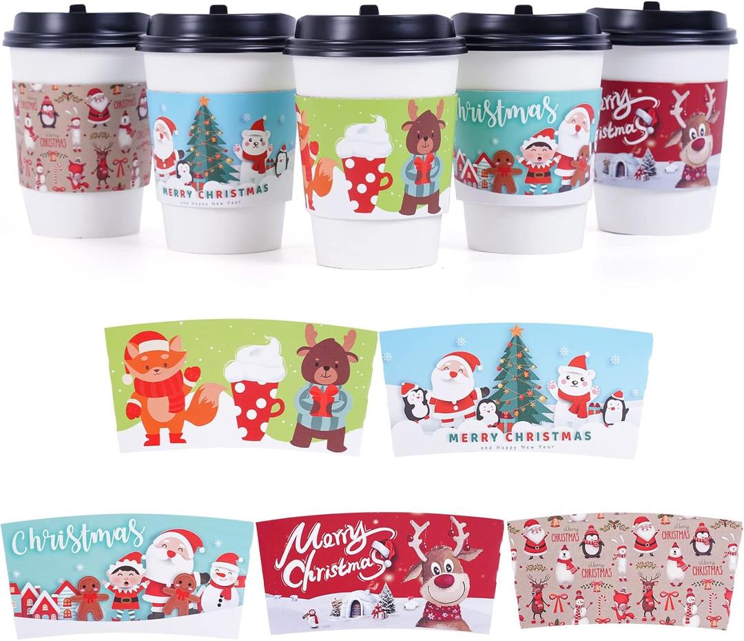 Christmas Coffee Cup Sleeves 40 Count Hot Chocolate Cocoa Paper Cup Sleeves, Double-Layer Protective Heat Cold Drinks Insulated for Tea Cold Beverage Fits 12 oz to 20 oz Cups, 5 Designs