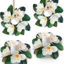 4 Pcs Magnolia Candle Rings Wreaths Artificial Floral Wreath with Green Leaves All Seasons White Magnolia Wreath for Wedding Centerpieces Table Decoration