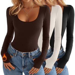 3 Pack Women's Thermal Fleece Long Sleeve Tops, Scoop Neck Slim Fitted Knit Base Layer Undershirts with Thumb Hole (Medium, Brown, White, Black)