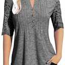 Women's Fashion Summer Pleated Button lace Half Sleeve T-Shirt V-Neck Solid Color Casual Tunic top Medium