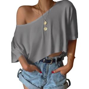 SOFIA'S CHOICE Women's Off Shoulder Crop Tops Loose Boat Neck Short Sleeve T Shirt Grey- (XXXL)