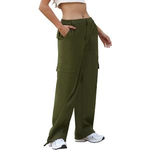Susclude Cargo Pants for Women - Wide Leg Baggy Pants High Waisted Cotton Pants with Pockets (Green, M)