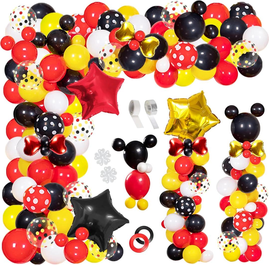 Julliz 142pcs Mouse Balloons Garland Kit, Foil Confetti Black Red Yellow White for Cartoon Mouse Theme Birthday Shower Decorations