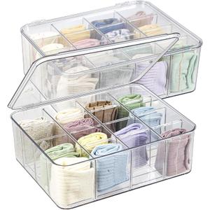 ZEXALOR Plastic Clear Storage Containers, Set of 2, Sock Organizer Divided Boxes with Lids, Underwear Drawer Organizer, Tie Dresser Organizer (11.8×9.4×3.9")