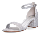 Womens Chunky Low Heels Sandals Silver Glitter Ankle Strap Wedding Shoes 9 1/2