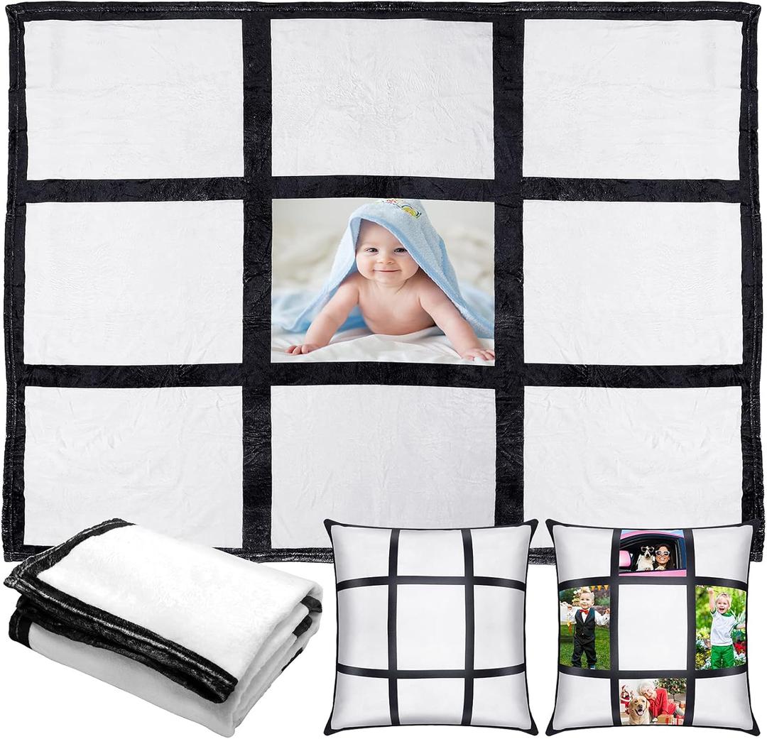 Peryiter 1 Pack Sublimation Blanket Blanks 60"x50" Flannel Throw Blankets for Heat Press and 2 Pcs Blank Pillow Cases Personalized Custom Photo Blanket with 9 Printable Panels Blankets Pillow Cover