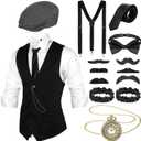 Foaincore 1920s Mens Costume Accessories Set Roaring 20s Costume, Vest, Vintage Pocket Watch, Pre Tied Bow Tie (Large, Black)