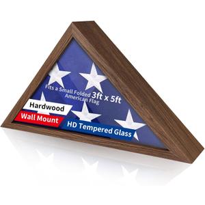 Wooden Flag Display Case for 3'x5' Folded American Flag (Not for Burial), Military Veteran Shadow Box With HD Tempered Glass, Wall Mounted Triangle Frame, Rust Brown