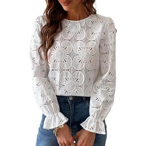CUPSHE Women Eyelet Long Sleeve Tops Shirts Dressy Hollow Out Crochet Lace Embroidered Blouses 2025 Fashion S M