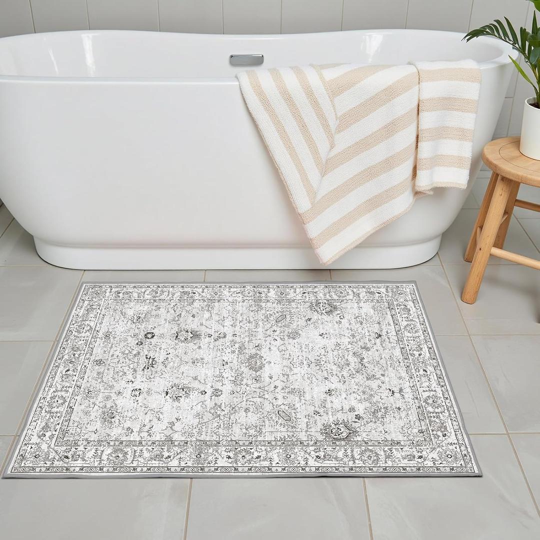 Babovid Area Rugs 24x17 Inch Home Decor Entry Rug, Small Door Mat Bath Mats for Bathroom, Ultra-Thin Non Slip Floral Low Pile Tub Mat for Sink Shower Doorway Tub Kitchen Sink(2 x 1.4 ft, Grey)