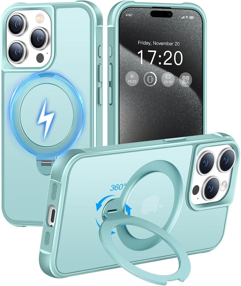 HuwaiH 360 Rotatable Magnetic Ring Stand for iPhone 15 pro max Case, Compatible with MagSafe, Military-Grade Shockproof, Anti-Scratch Matte Translucent Phone Case for iPhone 15 pro max(Lake Blue)