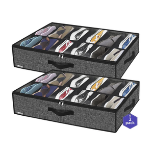 Onlyeasy Sturdy Under Bed Shoe Storage Organizer, Set of 2, Fit 12 to 24 Pairs, Underbed Shoes Closet Storage Solution with Clear Window, Breathable, L29.3 x W23.6 x H5.9, Linen-like Black, MXAUBSB2P